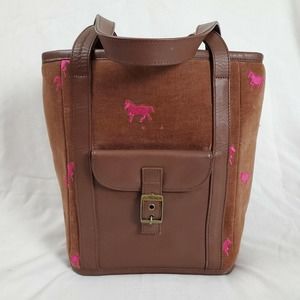 Lilly Pulitzer Brown Corduroy Pink Horse Embroidered Shoulder Tote Bag